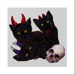 Halloween Kittens Dressed In Little Devil Costumes with Skull Posters and Art